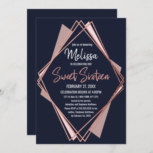 バラ金ゴールドネイビーブルームーヴジオメトリックスウィート16 招待状 (正面/裏面)