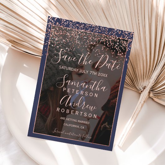 バラ金ゴールドネイビーブルー日付写真結婚の セーブザデート