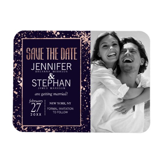 バラ金ゴールドネイビーブルー絵を描（ばちゃばちゃ）跳ねる日付の保存 マグネット (横)