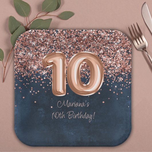 バラ金ゴールドネイビーブルー10thバースデーパーティー ペーパープレート