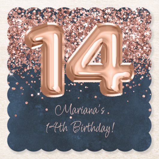 バラ金ゴールドネイビーブルー14thバースデーパーティー ペーパーコースター (正面)