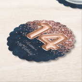 バラ金ゴールドネイビーブルー14thバースデーパーティー ペーパーコースター (アングル)