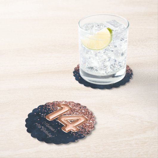 バラ金ゴールドネイビーブルー14thバースデーパーティー ペーパーコースター (インサイチュ)