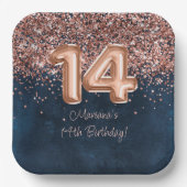 バラ金ゴールドネイビーブルー14thバースデーパーティー ペーパープレート (正面)