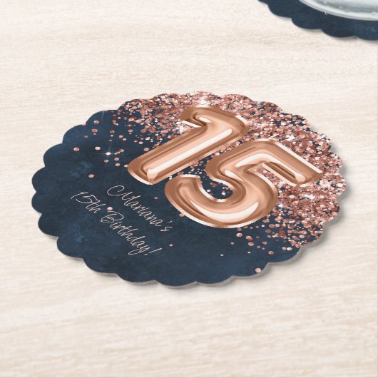 バラ金ゴールドネイビーブルー15thバースデーパーティー ペーパーコースター (アングル)