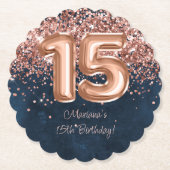 バラ金ゴールドネイビーブルー15thバースデーパーティー ペーパーコースター (正面)