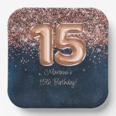 バラ金ゴールドネイビーブルー15thバースデーパーティー ペーパープレート (正面)