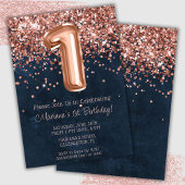 バラ金ゴールドネイビーブルー1st誕生日パーティの招待状 招待状
