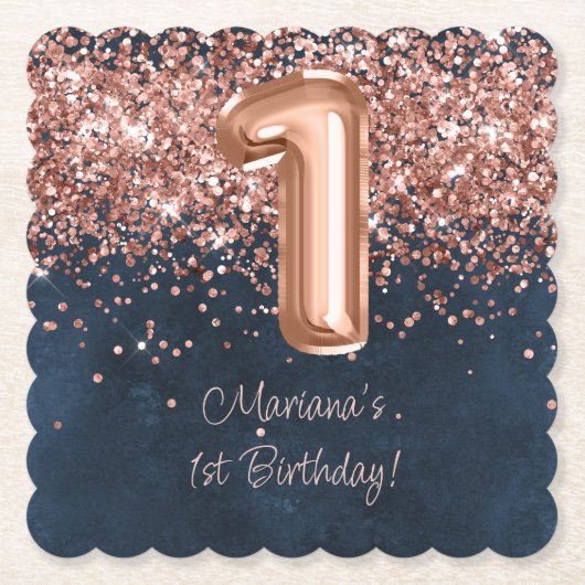 バラ金ゴールドネイビーブルー1st誕生日パーティー ペーパーコースター (正面)