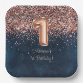 バラ金ゴールドネイビーブルー1st誕生日パーティー ペーパープレート (正面)