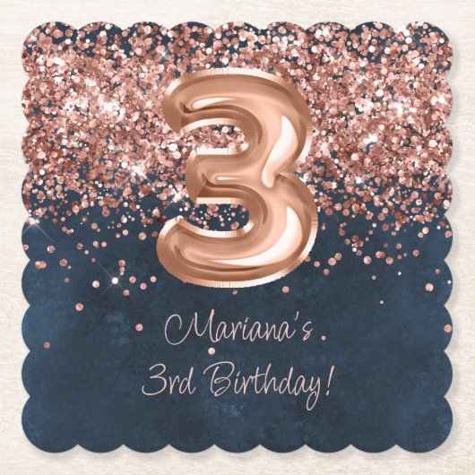 バラ金ゴールドネイビーブルー3rd誕生日パーティー ペーパーコースター (正面)