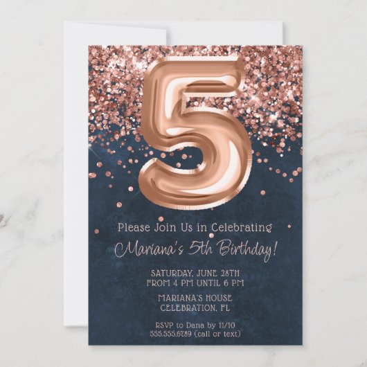 バラ金ゴールドネイビーブルー5thバースデーパーティー招待状 招待状 (正面)