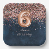 バラ金ゴールドネイビーブルー6thバースデーパーティー ペーパープレート (正面)