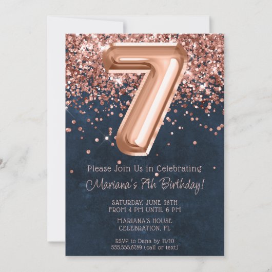 バラ金ゴールドネイビーブルー7thバースデーパーティーへの招待 招待状 (正面)