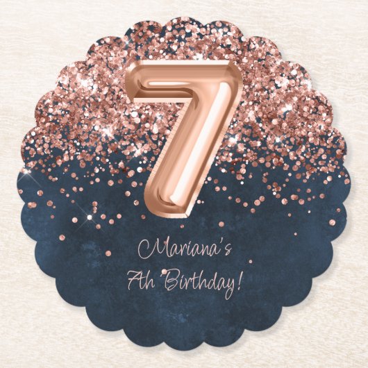バラ金ゴールドネイビーブルー7thバースデーパーティー ペーパーコースター (正面)