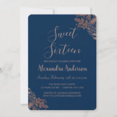 バラ金ゴールドネイビーブルーSweet sixteen誕生日 招待状 (正面)