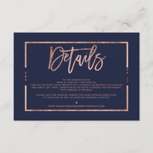 バラ金ゴールドネイビー結婚ブルースクリプト方向 エンクロージャーカード (正面)