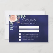 バラ金ゴールドネイビー青フローラ結婚の応答RSVP 出欠カード (正面)