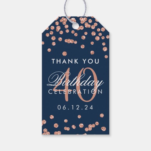 バラ金ゴールドネイビー40th誕生日ありがとう紙吹雪 ギフトタグ (正面)
