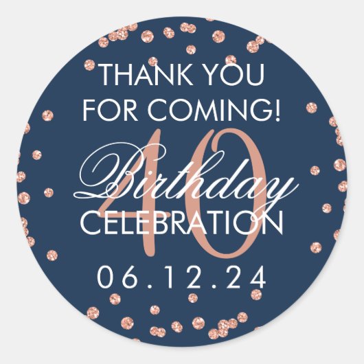 バラ金ゴールドネイビー40th誕生日ありがとう紙吹雪 ラウンドシール (正面)