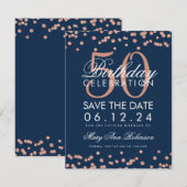 バラ金ゴールドネイビー50誕生日救日付紙吹雪 セーブザデート (正面/裏面)