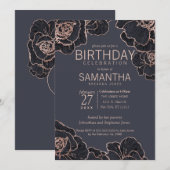 バラ金ゴールドネービーブルーフラワーズバースデーパーティー 招待状 (正面/裏面)