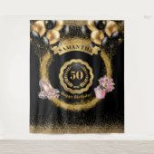 バラ金ゴールドハイヒールブラックバルーン50誕生日 タペストリー (正面)