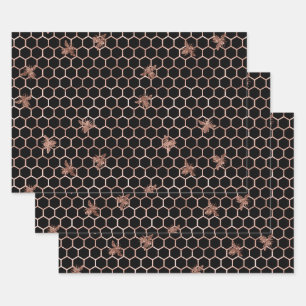バラ金ゴールドハチとハニカム(黒) ラッピングペーパーシート