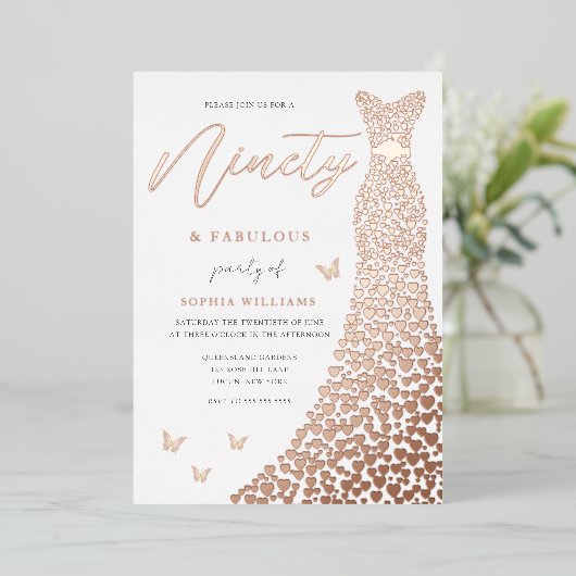 バラ金ゴールドハートガウン90thバースデーパーティ実在ー 箔招待状 (立ち正面)