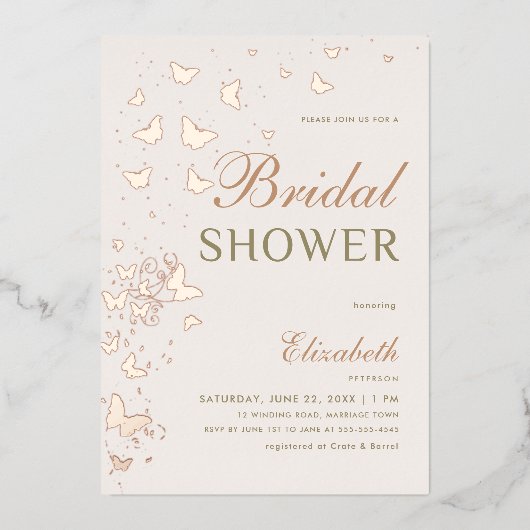 バラ金ゴールドバタフライスワーズエレガントブライダルシャワー 箔招待状 (正面)