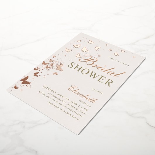 バラ金ゴールドバタフライスワーズエレガントブライダルシャワー 箔招待状 (回転した状態)