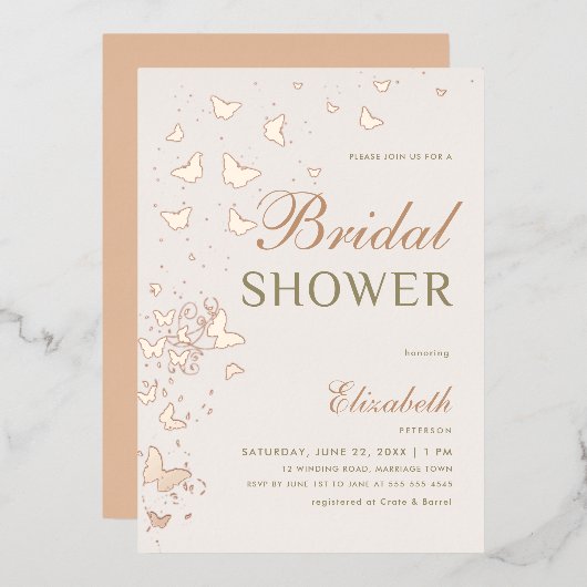 バラ金ゴールドバタフライスワーズエレガントブライダルシャワー 箔招待状 (正面/裏面)