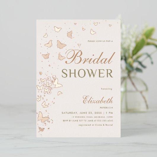 バラ金ゴールドバタフライスワーズエレガントブライダルシャワー 箔招待状 (立ち正面)