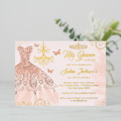 バラ金ゴールドバタフライティアラドレスキンセアニェラ 箔招待状 (立ち正面)