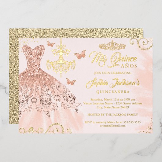 バラ金ゴールドバタフライティアラドレスキンセアニェラ 箔招待状 (正面/裏面)