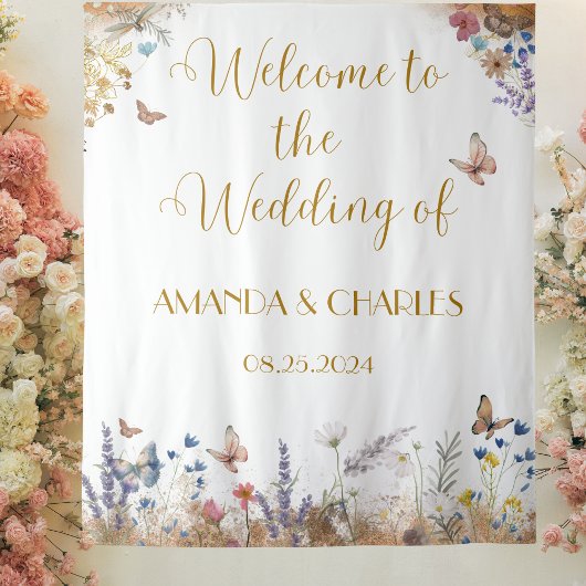 バラ金ゴールドバタフライ庭園の結婚式背景 タペストリー