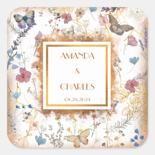 バラ金ゴールドバタフライ庭園の結婚式 スクエアシール (正面)