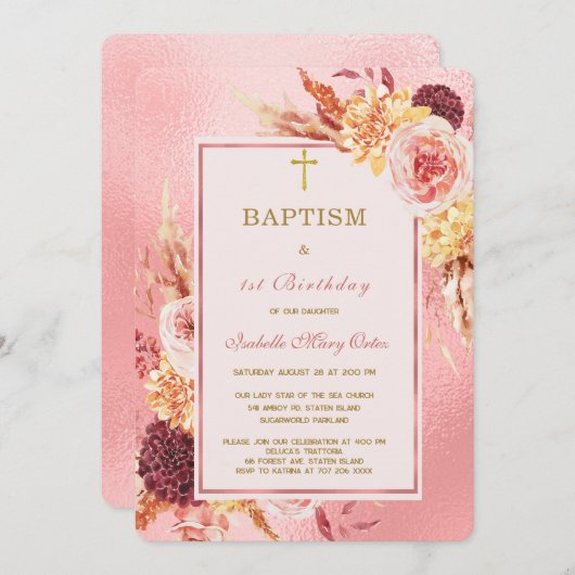 バラ金ゴールドバプティスアンドファースト誕生日 招待状 (正面/裏面)