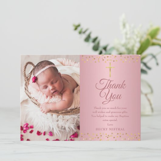 バラ金ゴールドバプテスマ《キリスト教》洗礼式や命名式ハート写真 サンキューカード (スタンド正面)