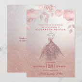 バラ金ゴールドバラモダングリッタードレスsweet sixteen 招待状 (正面/裏面)