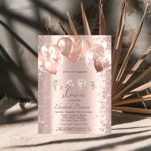 バラ金ゴールドバルーングリッター紙吹雪ベビーシャワー 招待状