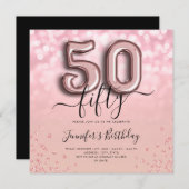 バラ金ゴールドバルーングリッター50番目の誕生日招待状 招待状 (正面/裏面)