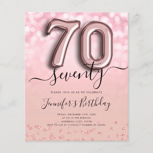 バラ金ゴールドバルーングリッター70番目の誕生日招待状 チラシ (正面)