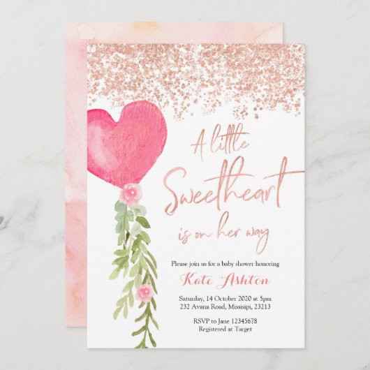 バラ金ゴールドバルーンバレンタイン赤ちゃんシャワー招待状 招待状 (正面/裏面)