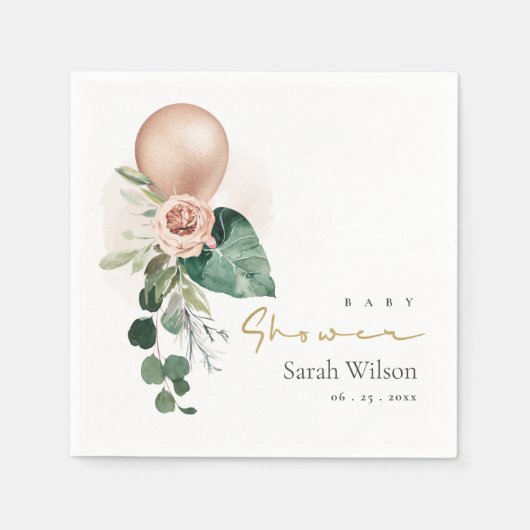 バラ金ゴールドバルーンピーチフローラバンチ赤ちゃんシャワー スタンダードカクテルナプキン (正面)