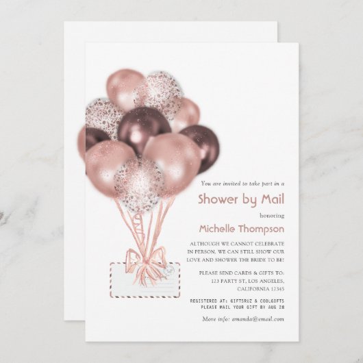 バラ金ゴールドバルーンベビー又はブライダルシャワー（郵便） 招待状 (正面/裏面)