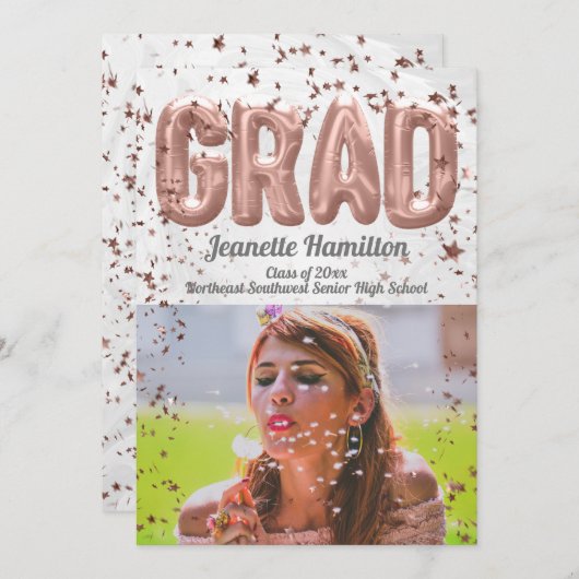 バラ金ゴールドバルーン紙吹雪女子卒業 招待状 (正面/裏面)