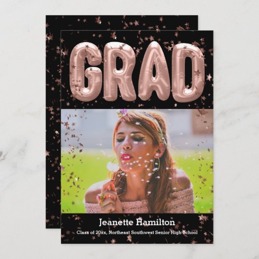 バラ金ゴールドバルーン紙吹雪女子卒業 招待状 (正面/裏面)