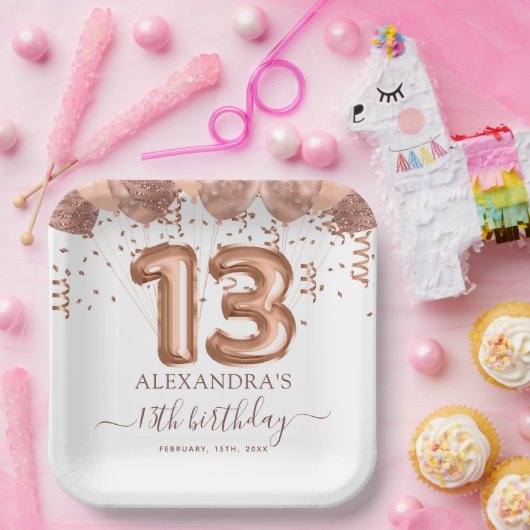 バラ金ゴールドバルーン13th誕生日パーティー ペーパープレート (パーティー)
