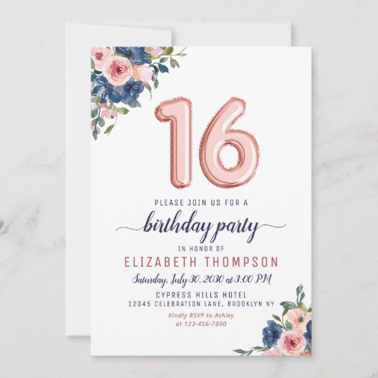 バラ金ゴールドバルーン16番目の誕生日フローラネイビー赤面 招待状 (正面)